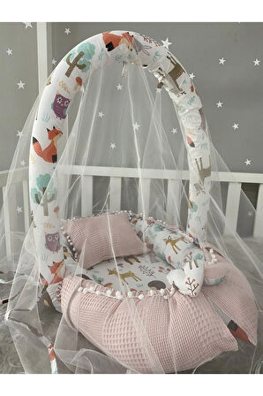 Nest Pudra Wafle Kumaş ve Orman Tasarım Ponponlu Oyuncak Aparat ve Tül Babynest Set