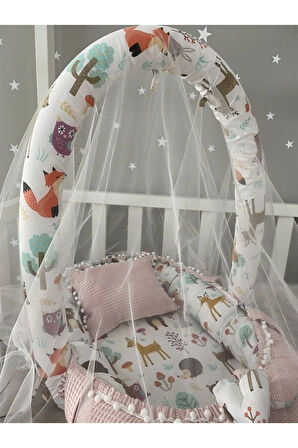 Nest Pudra Wafle Kumaş ve Orman Tasarım Ponponlu Oyuncak Aparat ve Tül Babynest Set