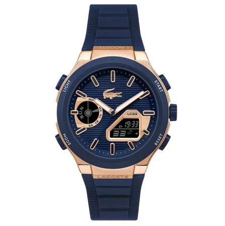 Lacoste LC33 Kol Saati Mavi Silikon Kordon Altın Rengi Çelik Kasa 45 Mm Analog-Dijital