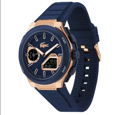 Lacoste LC33 Kol Saati Mavi Silikon Kordon Altın Rengi Çelik Kasa 45 Mm Analog-Dijital