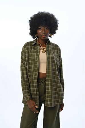 KADIN BÜYÜK KARE DESENLİ SİMLİ OVERSİZE KESİM GÖMLEK