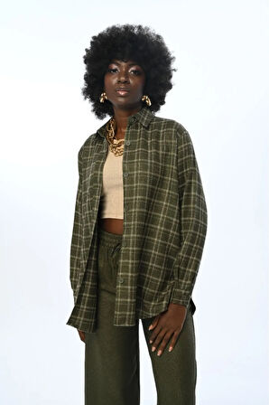 KADIN BÜYÜK KARE DESENLİ SİMLİ OVERSİZE KESİM GÖMLEK