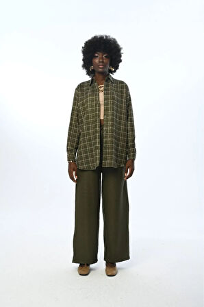 KADIN BÜYÜK KARE DESENLİ SİMLİ OVERSİZE KESİM GÖMLEK