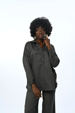 KADIN DÜZ RENK YAKASI DETAYLI OVERSİZE KESİM GÖMLEK