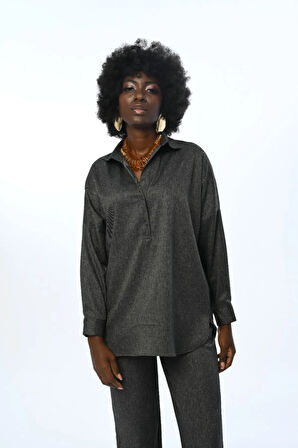 KADIN DÜZ RENK YAKASI DETAYLI OVERSİZE KESİM GÖMLEK