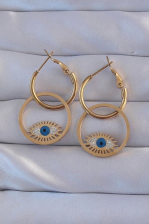 BFS 316L Çelik Gold Renk Zirkon Taşlı Mavi Göz Tasarımlı Halka Küpe