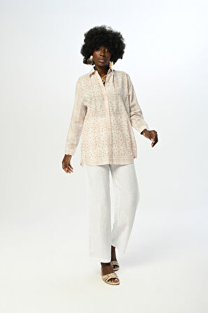 KADIN EKOSE DESENLİ VİZON RENK ÖNÜ TAŞ İŞLEMELİ OVERSİZE KESİM GÖMLEK