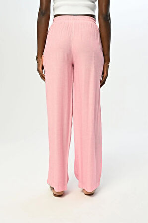 KADIN BELİ LASTİKLİ BOL PAÇA İNCE ÇİZGİLİ DÜZ RENK PANTOLON