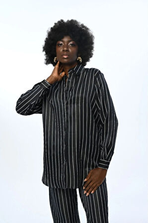 KADIN DÜZ RENK ÇİZGİLİ OVERSİZE KESİM GÖMLEK