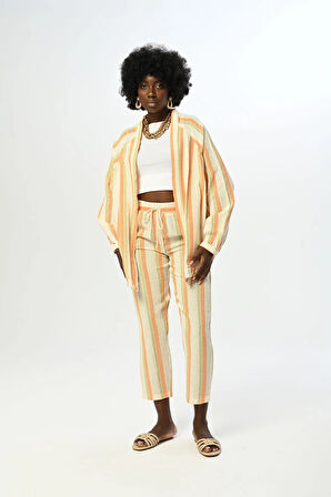 KADIN RAHAT KALIP BELİ LASTİKLİ ÇİZGİLİ PAMUK PANTOLON