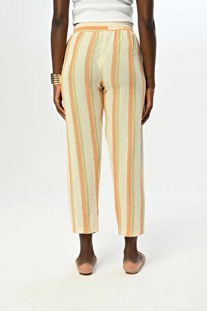 KADIN RAHAT KALIP BELİ LASTİKLİ ÇİZGİLİ PAMUK PANTOLON