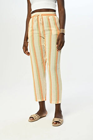 KADIN RAHAT KALIP BELİ LASTİKLİ ÇİZGİLİ PAMUK PANTOLON