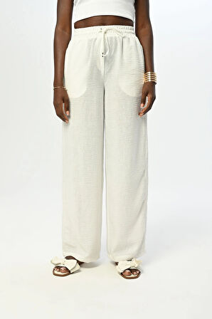 KADIN BELİ LASTİKLİ BOL PAÇA DÜZ RENK PANTOLON