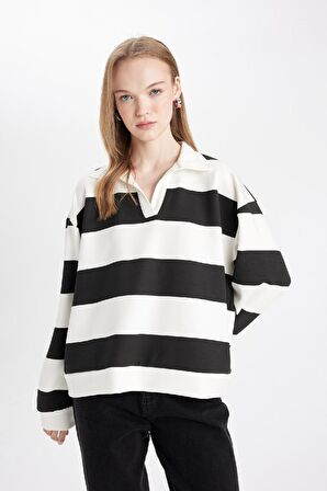 DeFacto Oversize Geniş Kalıp Çizgili Polo Yaka Kalın Sweatshirt D4754AX24AUWT32