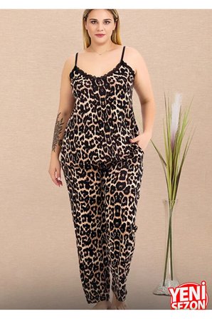 Büyük Beden Leopar Desenli Askılı Üst Cepli Alt Pijama Takımı 11026