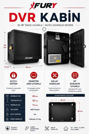 FURY DVR NVR Kamera Kayıt Cihazı Kabini - ABS Plastik Monitör Askı Kutusu 42x32x11 cm