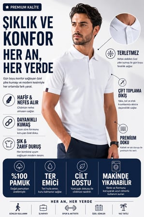 Luxic Core Beyaz Polo Yaka Tişört Slim Fit Pike Kumaş 4XL Beden