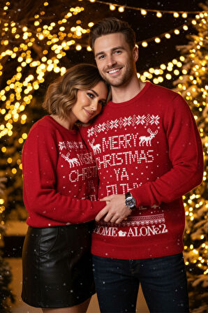 Unisex Kırmızı Desenli Uzun Kollu Noel-Yılbaşı Temalı Kazak - Unisex Triko Kazak 