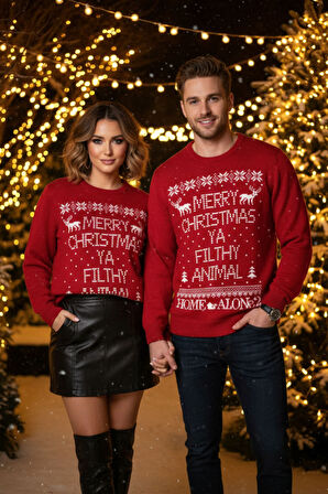 Unisex Kırmızı Desenli Uzun Kollu Noel-Yılbaşı Temalı Kazak - Unisex Triko Kazak 