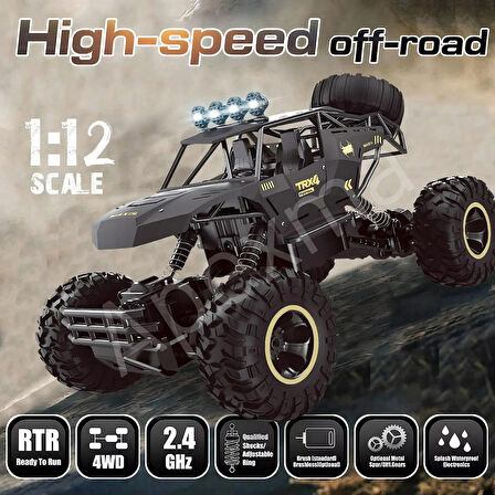 2.4GHz Uzaktan Kumandalı 1:12 Ölçek 7.4V Şarjlı 4x4 Off-Road Rock Crawler - Oyuncak Rc Arazi Aracı