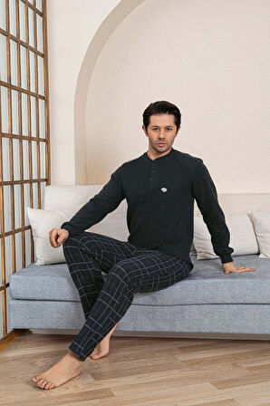 Erkek 3 Düğme Göğüs Cepli Kışlık Pamuklu Selanik Kumaş Uzun Manşetli Kol Cepli Pijama Takımı 