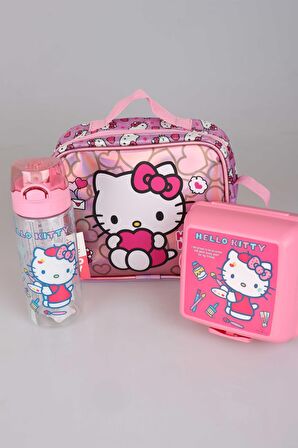 YENİ SEZON LİSANSLI HELLO KITTY'NIN PIRILTILI DÜNYASI ÖZEL KOLEKSİYON BESLENME ÇANTASI ,500 ML MATARA VE BESLENME KABI YEMEK SETİ