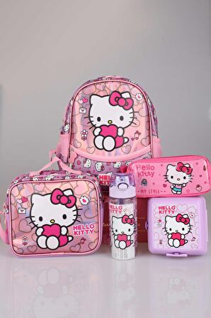 YENİ SEZON LİSANSLI HELLO KITTY'NIN PIRILTILI DÜNYASI ÖZEL KOLEKSİYON ANAOKUL,BESLENME VE KALEM ÇANTASI,MATARA İLE BESLENME KABI SETİ