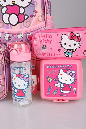 YENİ SEZON LİSANSLI HELLO KITTY'NIN PIRILTILI DÜNYASI ÖZEL KOLEKSİYON ANAOKUL,BESLENME VE KALEM ÇANTASI,MATARA İLE BESLENME KABI SETİ