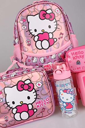 YENİ SEZON LİSANSLI HELLO KITTY'NIN PIRILTILI DÜNYASI ÖZEL KOLEKSİYON ANAOKUL,BESLENME VE KALEM ÇANTASI,MATARA İLE BESLENME KABI SETİ