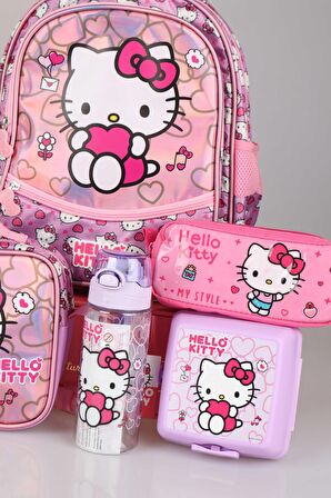 YENİ SEZON LİSANSLI HELLO KITTY'NIN PIRILTILI DÜNYASI ÖZEL KOLEKSİYON OKUL,BESLENME VE KALEM ÇANTASI,MATARA İLE BESLENME KABI SETİ