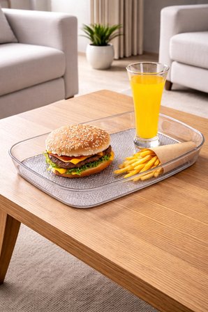 Kırılmaz Şeffaf Tepsi Dikdörtgen Büyük Boy Sunum Tepsisi Modern Servis Tepsisi 44x30cm 
