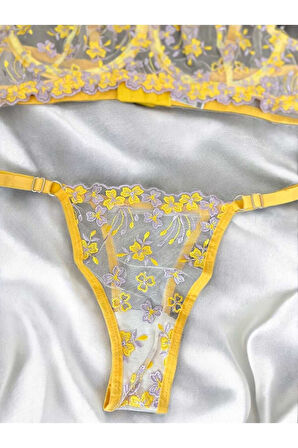 Sarı Çiçek İşlemeli Transparan Dantel Sütyen & String Takım