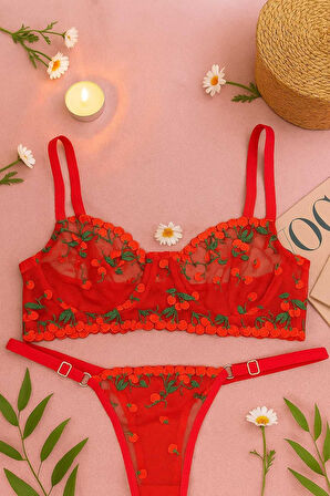 Kadın Kırmızı Şeffaf Kiraz Nakışlı Dantel Sütyen Külot Takımı - Ayarlanabilir Askılı