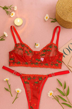 Kadın Kırmızı Şeffaf Kiraz Nakışlı Dantel Sütyen Külot Takımı - Ayarlanabilir Askılı