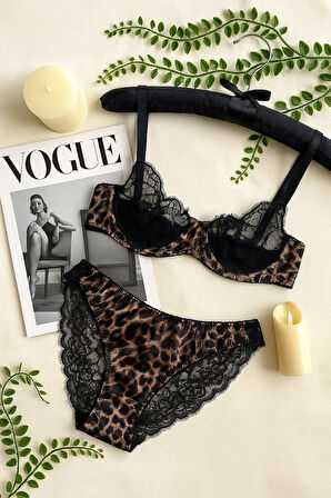 Leopar Desenli Dantel Detaylı Sütyen Külot Takımı - Şık İç Giyim Takımı