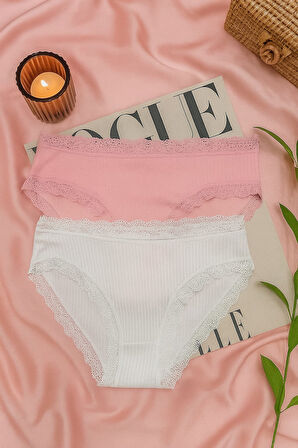 Pamuklu Dantel Detaylı Kadın Slip Külot 2'li Set - Beyaz & Pembe