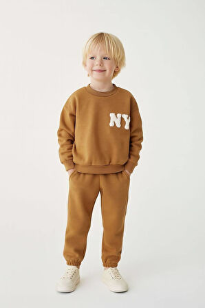 Unisex Çocuk Pamuklu Hardal "NY" Nakışlı Sweatshirt Eşofman Alt-Üst Takım - Rahat Kalıp