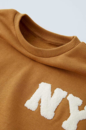 Unisex Çocuk Pamuklu Hardal "NY" Nakışlı Sweatshirt Eşofman Alt-Üst Takım - Rahat Kalıp