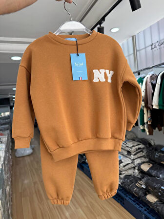 Unisex Çocuk Pamuklu Hardal "NY" Nakışlı Sweatshirt Eşofman Alt-Üst Takım - Rahat Kalıp