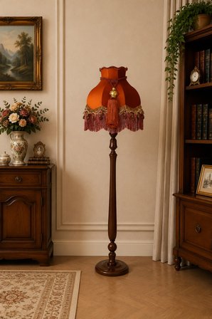 Osmanlı Model Kiremit Kadife Lambader Kahverengi İşlemeli Ahşap Ayak Vintage LM012997