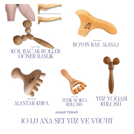 Maderoterapi Profesyonel Ana Set 10'lu Ahşap Masaj Aleti