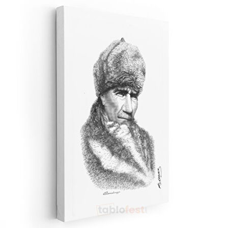 Kürklü Atatürk - İmzalı Karakalem Portre Kanvas Tablo