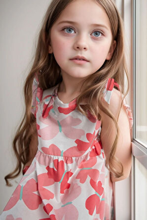 Kız Çocuk Giyim %100 Pamuk Mercan - Beyaz Elbise