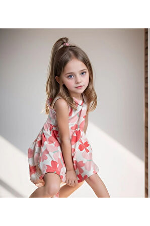 Kız Çocuk Giyim %100 Pamuk Mercan - Beyaz Elbise