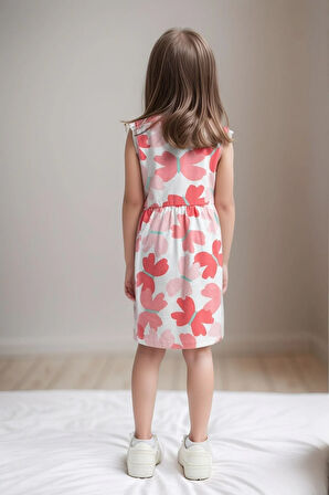 Kız Çocuk Giyim %100 Pamuk Mercan - Beyaz Elbise