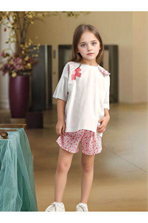 Kız Çocuk Giyim %100 Pamuk Kısa Kollu T-Shirt & Şort Takım LL.P01.O2.L01.009