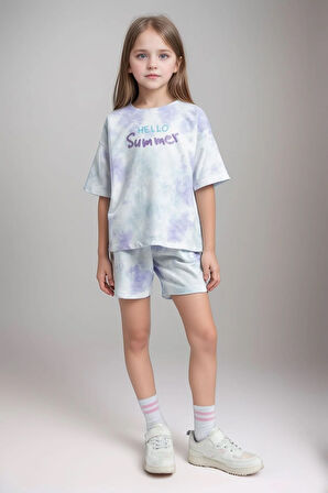 Kız Çocuk Giyim %100 Pamuklu Oversize Desenli T-Shirt & Şort İkili Takım LL.P01.O2.L01.010