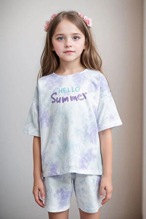 Kız Çocuk Giyim %100 Pamuklu Oversize Desenli T-Shirt & Şort İkili Takım LL.P01.O2.L01.010