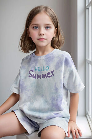 Kız Çocuk Giyim %100 Pamuklu Oversize Desenli T-Shirt & Şort İkili Takım LL.P01.O2.L01.010