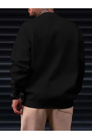 Erkek Siyah Oversize Whatever Baskılı Bisiklet Yaka